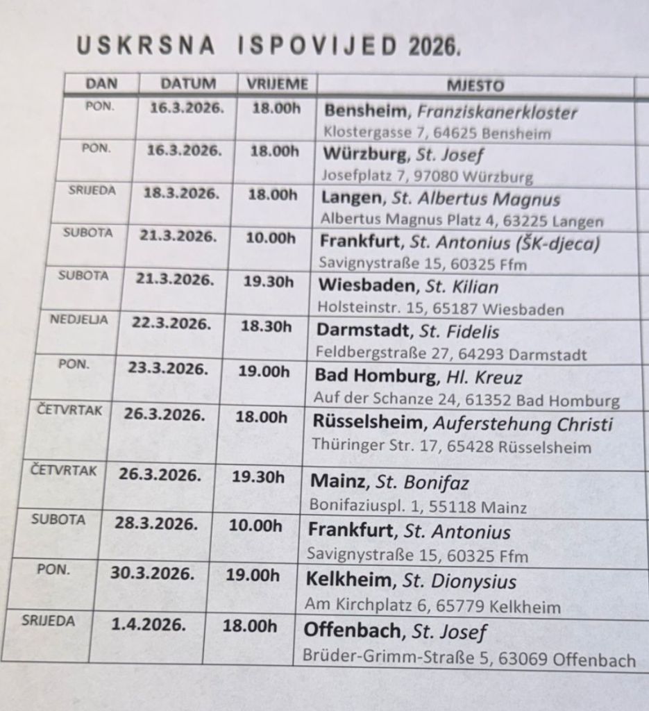 Uskrsna ispovijed u Offenbachu 1.4.2026 u 18 sati u crkvi sv. Josipa u&nbsp;Offenbachu!