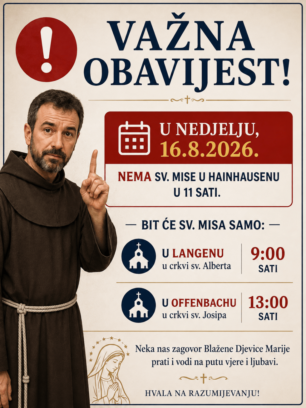 NAPOMENA!!! 16.8.2026 neće biti sv. Mise u Hainhausenu u 11&nbsp;sati!
